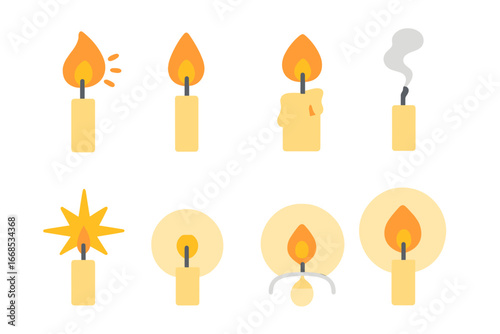 Colorful Candle Icons. Flat vector mini-illustrations candle flames in colors children's illustrations: flickering flame, steady