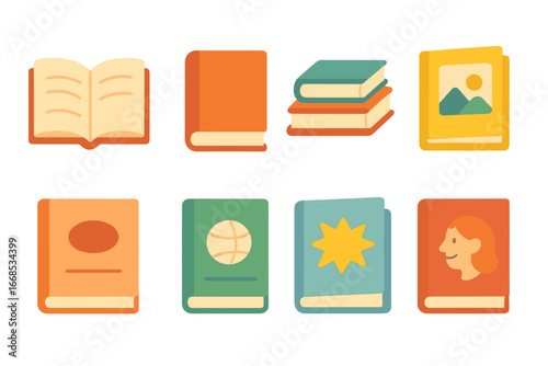 Colorful Bookstore Kids. Flat vector mini-illustrations bookstore books in colors children's illustrations: open book, closed book
