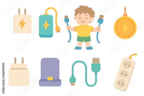 Colorful Charging Gadgets. Flat vector mini-illustrations charging accessories in colors children's illustrations: charger, power