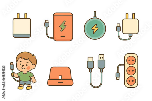 Colorful Charging Gadgets. Flat vector mini-illustrations charging accessories in colors children's illustrations: charger, power