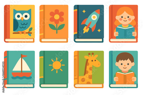 Colorful Children's Book Covers. Flat vector mini-illustrations book covers in colors children's illustrations: colorful dust