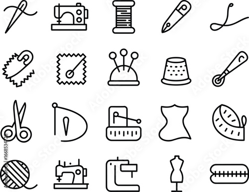 sewing, tailoring, fashion design, garment making, dressmaking, textile tools, needle, thread, sewing machine, scissors, measuring tape, thimble, pattern, yarn, outline icon set, vector symbols