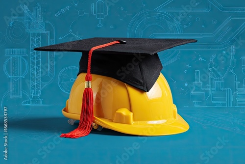 Construction helmet with graduation cap, symbolizing engineering or vocational school