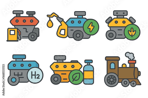 Colorful Engine Icons. Flat vector mini-illustrations engine types by fuel in colors children's illustrations: gasoline engine,