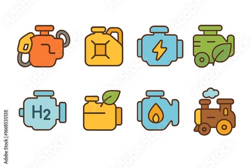 Colorful Engine Icons. Flat vector mini-illustrations engine types by fuel in colors children's illustrations: gasoline engine,