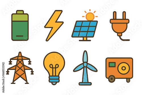Colorful Energy Icons. Flat vector mini-illustrations energy current in colors children's illustrations: battery, lightning bolt,