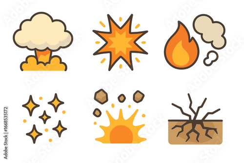 Colorful Explosion Icons. Flat vector mini-illustrations explosion effects in colors children's illustrations: explosion cloud,