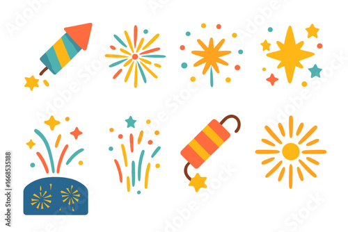 Colorful Firework Display. Flat vector mini-illustrations firework burst in colors children's illustrations: rocket launch,