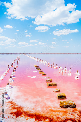 beautiful nature pink lake salt flats where salt is mined with soft pink water blue sky fluffy clouds and snow-white salt on the shore with wooden posts with salt and a path of stones