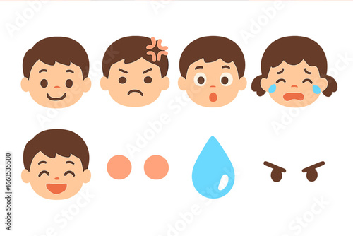 Colorful Manga Faces. Flat vector mini-illustrations manga expressions in colors children's illustrations: happy face, angry face,