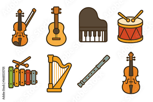 Colorful Musical Instruments. Flat vector mini-illustrations musical resonance devices in colors children's illustrations: violin,