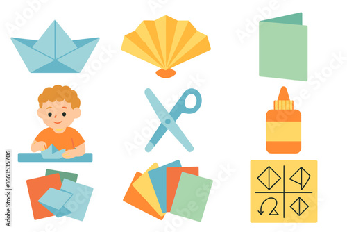 Colorful Origami Creations. Flat vector mini-illustrations paper folding in colors children's illustrations: origami boat, paper