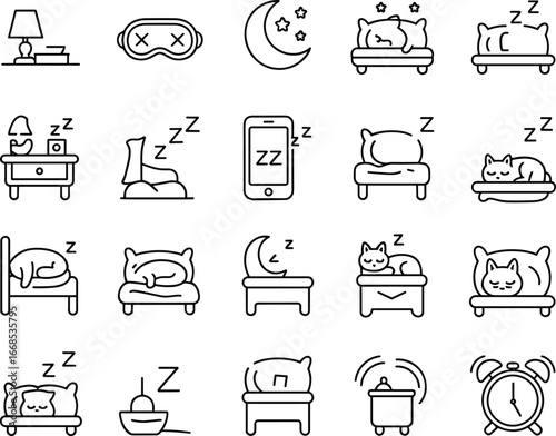 Sleep and bedtime icon set, pillow, bed, moon, stars, alarm clock, sleep mask, socks, cat, mobile, lamp, book, relaxation, rest, dream