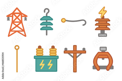 Colorful Power Line Icons. Flat vector mini-illustrations power line components in colors children's illustrations: transmission