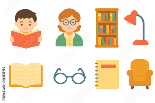 Colorful Reading Icons. Flat vector mini-illustrations encyclopedia reading in colors children's illustrations: child reading book