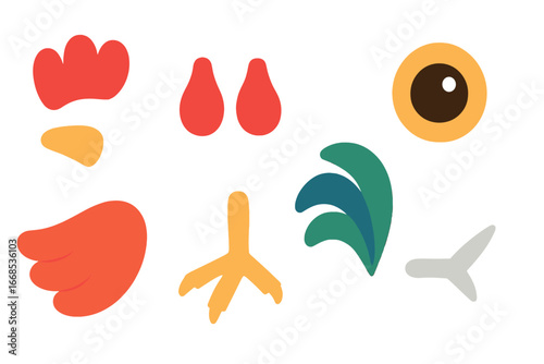 Colorful Rooster Features. Flat vector mini-illustrations rooster features in colors children's illustrations: comb, wattles, beak