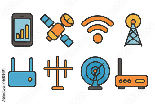 Colorful Signal Icons. Flat vector mini-illustrations signal booster in colors children's illustrations: cell phone with bars,