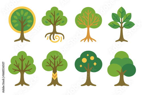 Colorful Tree Illustrations. Flat vector mini-illustrations abstract tree of life shapes in colors children's illustrations: