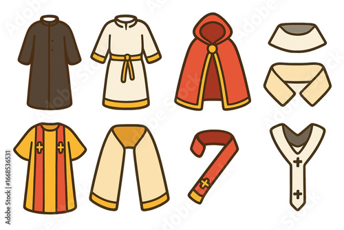 Colorful Vestments Grid. Flat vector mini-illustrations religious vestments in colors children's illustrations: cassock, alb, cope