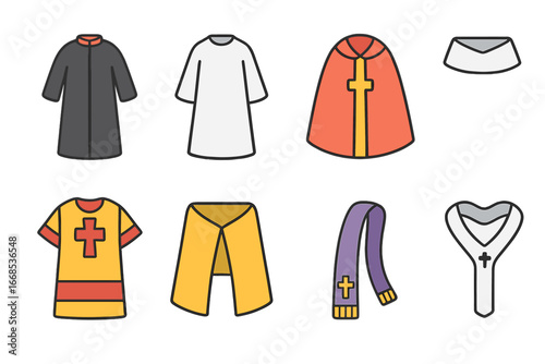 Colorful Vestments Grid. Flat vector mini-illustrations religious vestments in colors children's illustrations: cassock, alb, cope