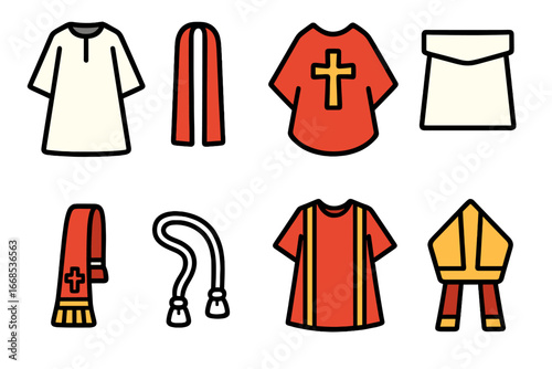 Colorful Vestments Illustrations. Flat vector mini-illustrations Sacramental vestments in colors children's illustrations: alb,