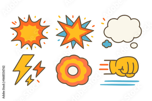 Comic Wham Effects. Flat vector mini-illustrations wham comic effects in colors children's illustrations: explosion burst,