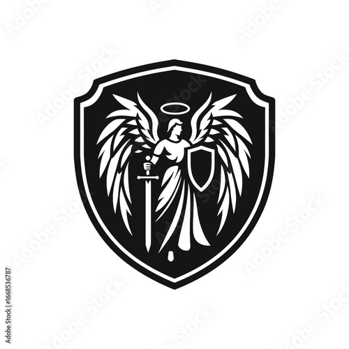 A guardian angel warrior emblem. A powerful winged protector with a sword and shield. A vector logo silhouette for security and defense concepts
