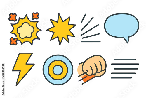 Comic Wham Effects. Flat vector mini-illustrations wham comic effects in colors children's illustrations: explosion burst,