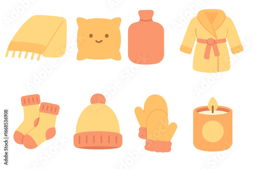 Cozy Accessories Grid. Flat vector mini-illustrations snuggle accessories in colors children's illustrations: soft throw blanket,
