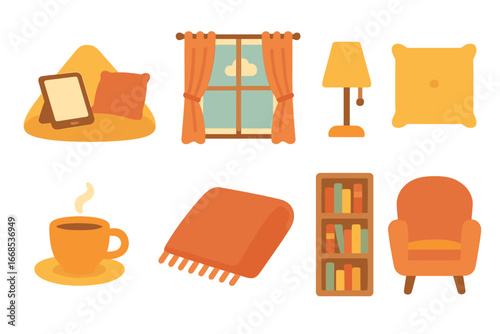 Cozy Reading Nook Icons. Flat vector mini-illustrations e-book reading settings in colors children's illustrations: cozy nook,