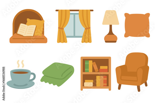 Cozy Reading Nook Icons. Flat vector mini-illustrations e-book reading settings in colors children's illustrations: cozy nook,