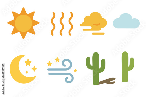 Desert Weather Icons. Flat vector mini-illustrations desert weather in colors children's illustrations: blazing sun, heat waves,