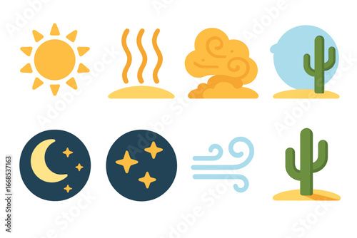Desert Weather Icons. Flat vector mini-illustrations desert weather in colors children's illustrations: blazing sun, heat waves,