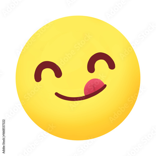 Yummy face emoji licking lips with delicious expression. A yellow cartoon emoticon showing satisfaction and hunger, isolated on a white background