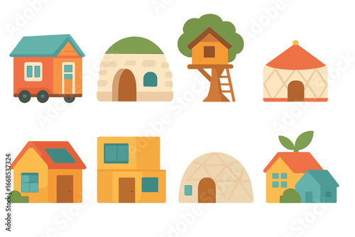 Eco Housing Icons. Flat vector mini-illustrations alternative housing in colors children's illustrations: tiny house, earthbag