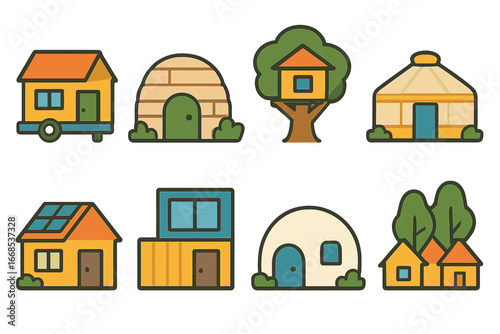 Eco Housing Icons. Flat vector mini-illustrations alternative housing in colors children's illustrations: tiny house, earthbag