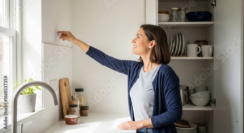 Kitchen Routine: Capturing the essence of everyday life, a person interacts with the kitchen interior. The natural light of a sunny day illuminating the scene. 