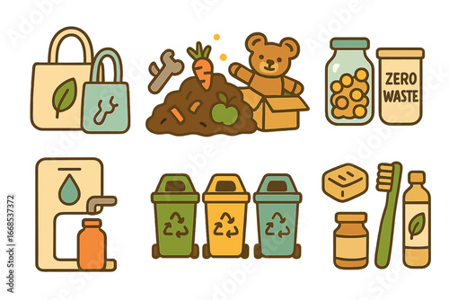 Eco Icons for Kids. Flat vector mini-illustrations trash reduction in colors children's illustrations: reusable bags, compost pile