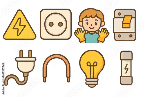 Electrical Safety Kids Icons. Flat vector mini-illustrations electrical voltage in colors children's illustrations: high voltage
