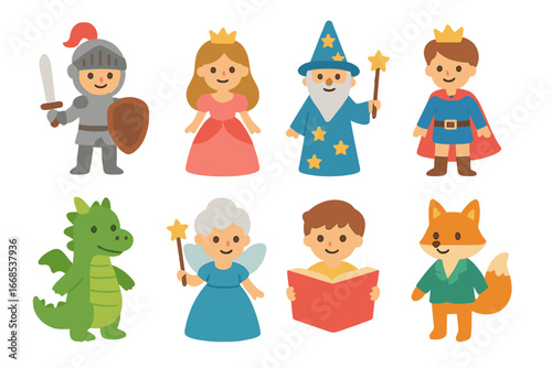 Fairy Tale Icons. Flat vector mini-illustrations classic literature characters in colors children's illustrations: knight,