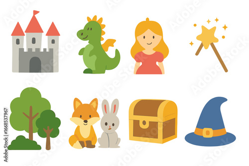 Fairy Tale Icons. Flat vector mini-illustrations fairy tales in colors children's illustrations: castle, dragon, princess, magic