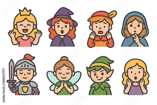 Fairy Tale Emotions. Flat vector mini-illustrations fairy tale emotions in colors children's illustrations: happiness, surprise,