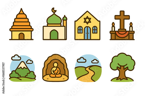 Faith Places Icons. Flat vector mini-illustrations faith places in colors children's illustrations: temple, mosque, synagogue,