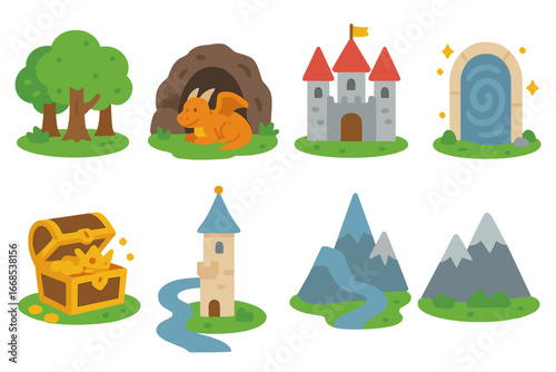 Fantasy Map Icons. Flat vector mini-illustrations fantasy map in colors children's illustrations: enchanted forest, dragon cave,