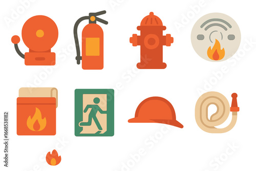 Fire Safety Icons. Flat vector mini-illustrations fire safety in colors children's illustrations: fire alarm, fire extinguisher,
