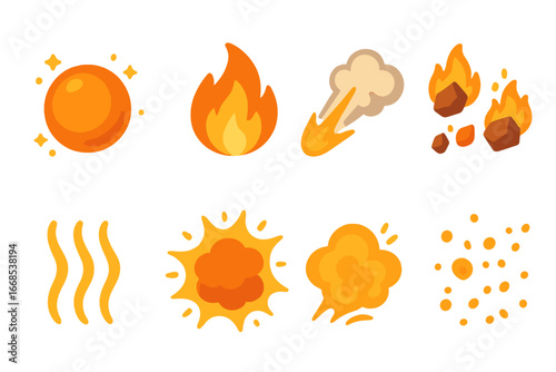 Fireball Explosion Icons. Flat vector mini-illustrations fireball explosion in colors children's illustrations: fiery ball, flames