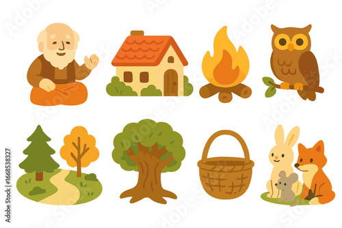Folk Tale Icons. Flat vector mini-illustrations folk tales in colors children's illustrations: old storyteller, village house,