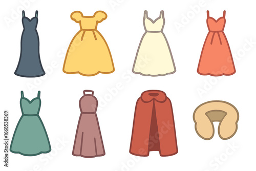 Formal Gowns Icons. Flat vector mini-illustrations Formal gowns in colors children's illustrations: evening gown, ball gown,