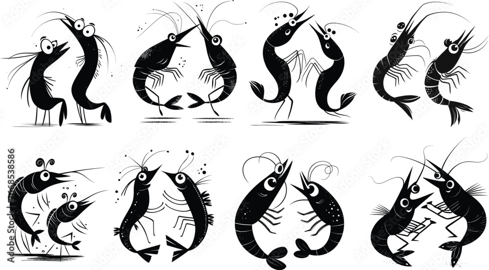 Obraz premium A collection of cartoon shrimp in black and white interacting in various playful and whimsical poses