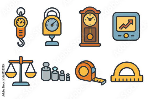 Gravity Tools Illustration. Flat vector mini-illustrations gravity tools and instruments in colors children's illustrations: